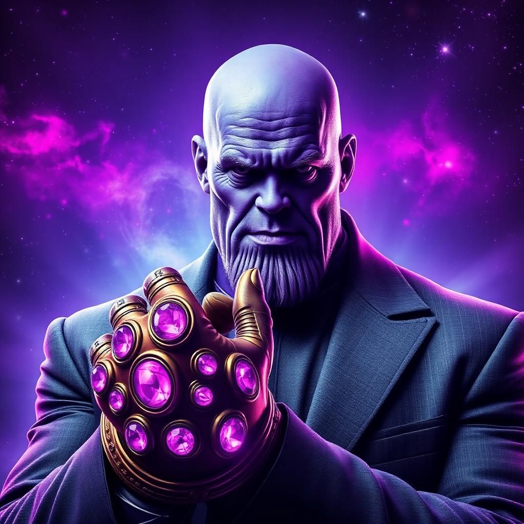 Jewish Thanos Sid Rosenberg holding gauntlet of purple infinity stones